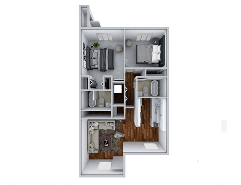 a stylized floor plan with a bedroom and living room